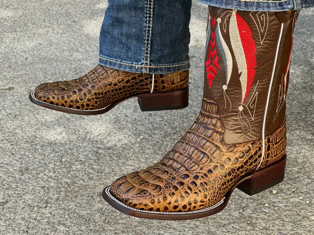 Mens Honey Crocodile Leather Boots With Brown Shaft