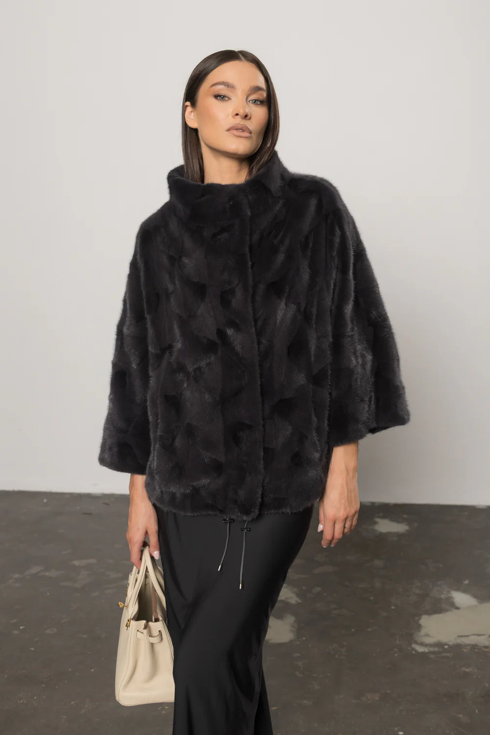 Haină din Blană Naturală de Vizon, Mâneci 3/4, Femei, Blue Eclipse 399