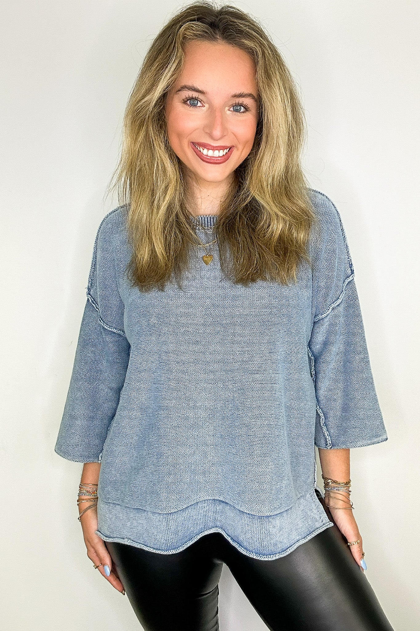 Cozy Fade Washed 3/4 Sleeve Relaxed Sweater