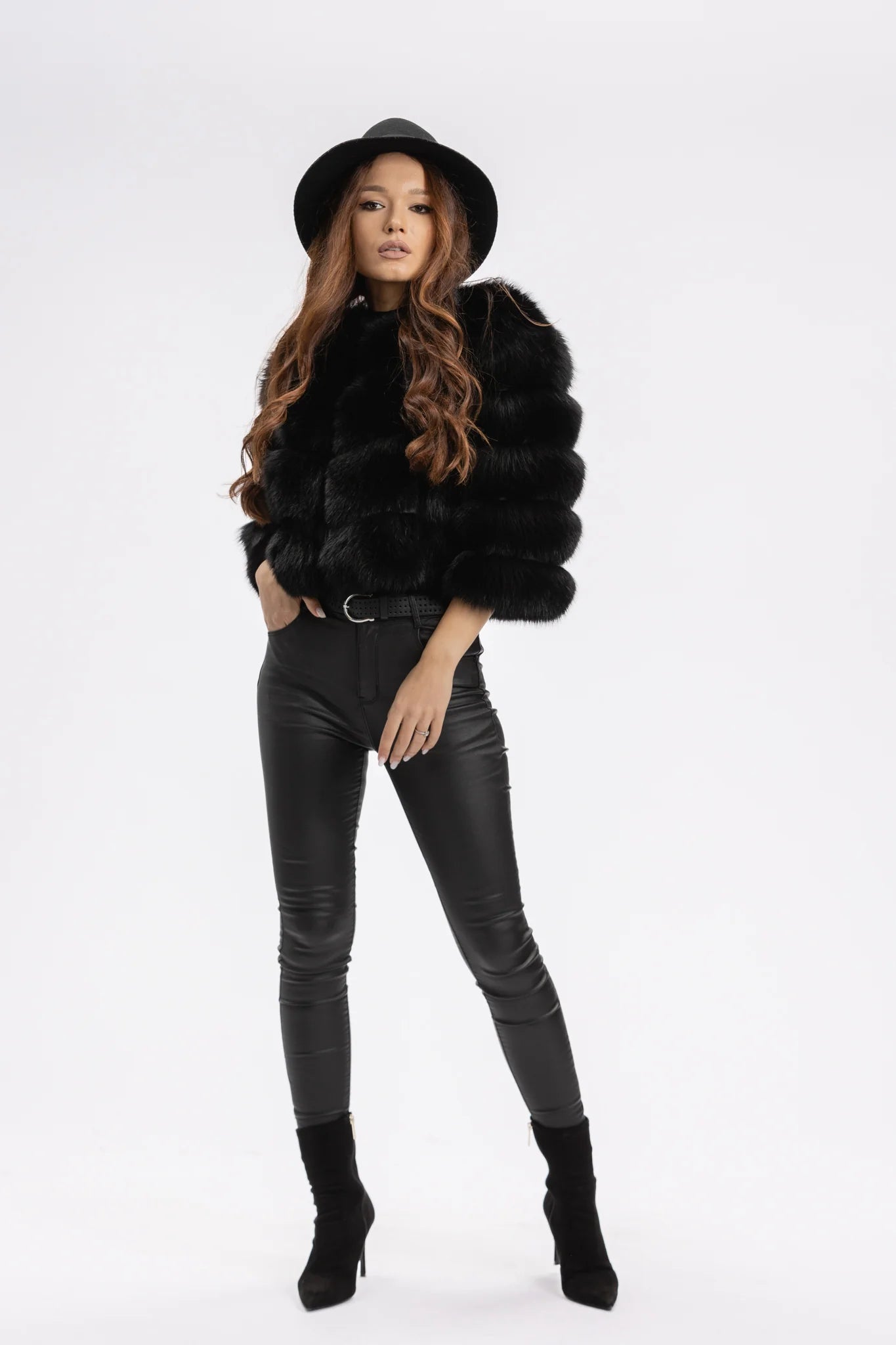 Haină din Blană Naturală de Vulpe Polară, Short, Femei, Obsidian 248