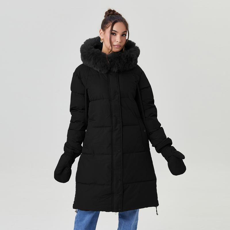 Women's Classy Solid Color Fluffy Hooded Waist Tie Zipper Thermal Long Outerwear with Gloves