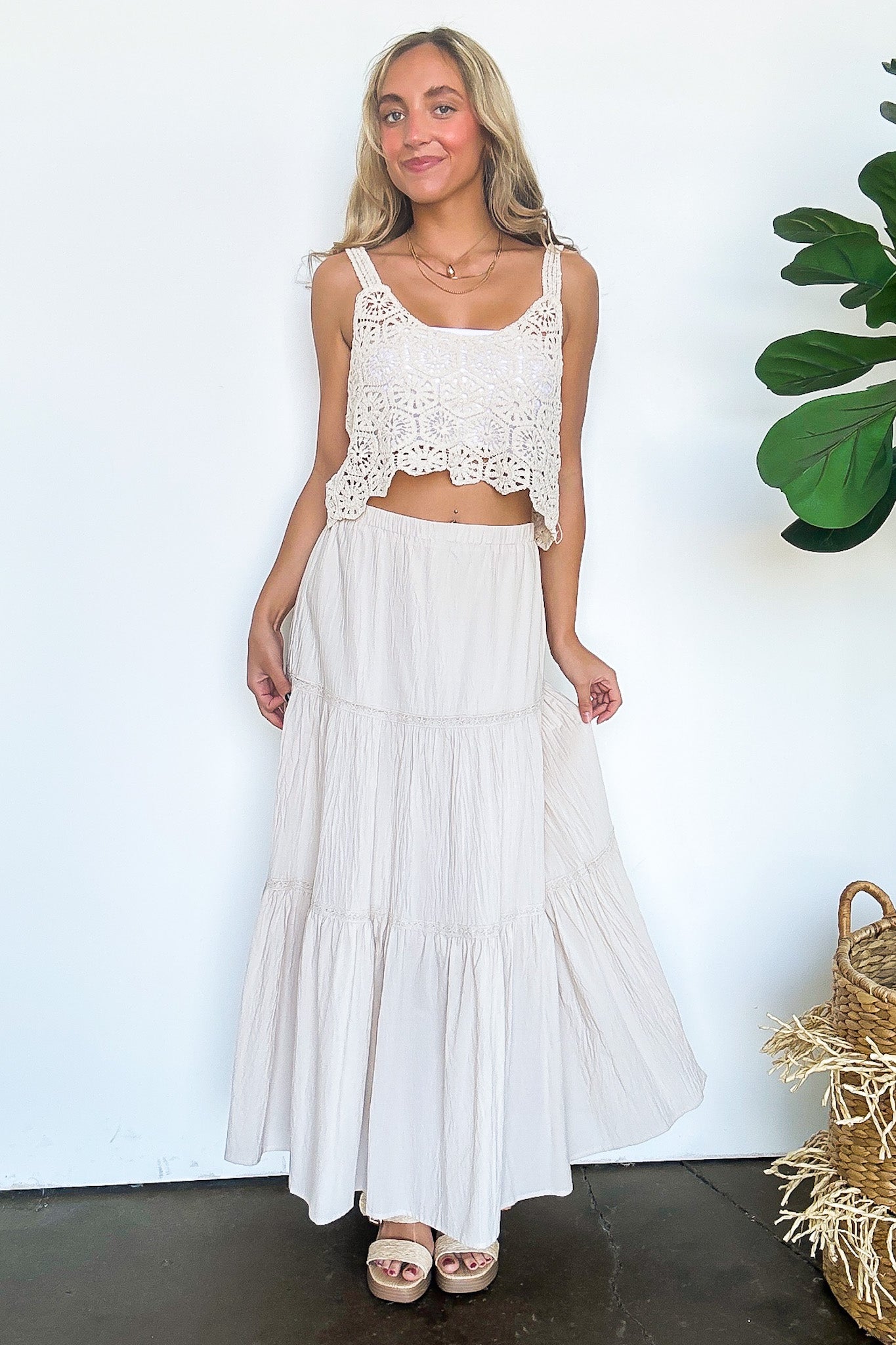 Crochet Detail Tiered Maxi Skirt