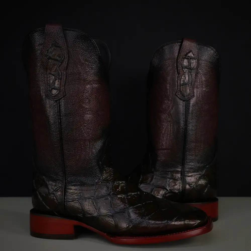 Wine Pirarucu Leather Boots — Square Toe