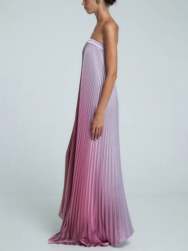 Elasticity Gradient Pleated A-Line Loose Tube Maxi Dresses Evening Dresses