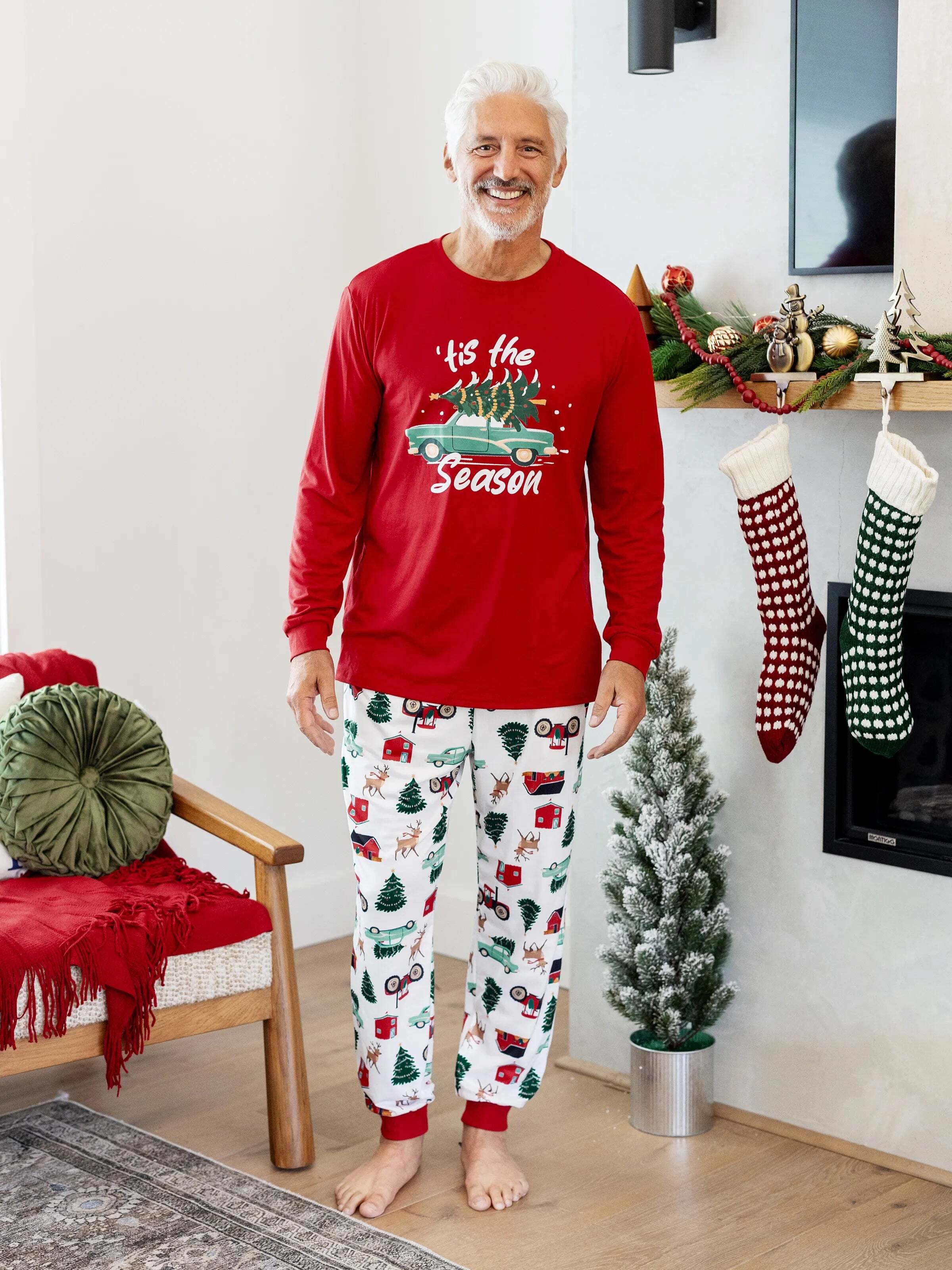 Christmas Matching Family Pajamas Set Reindeer and Car Print PJS with Christmas Socks Red