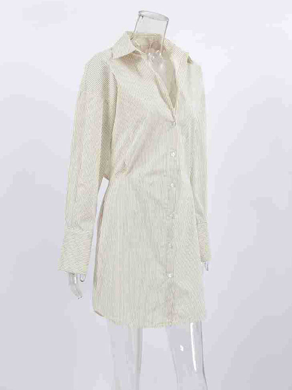 Buttoned Striped Flared Sleeves Long Sleeves Lapel Shirt Dress Mini Dresses
