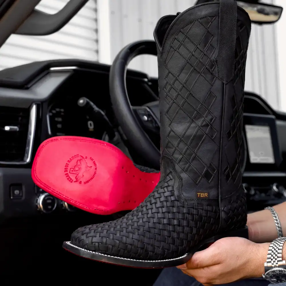 Black Basketweave Leather Boots - Square Toe