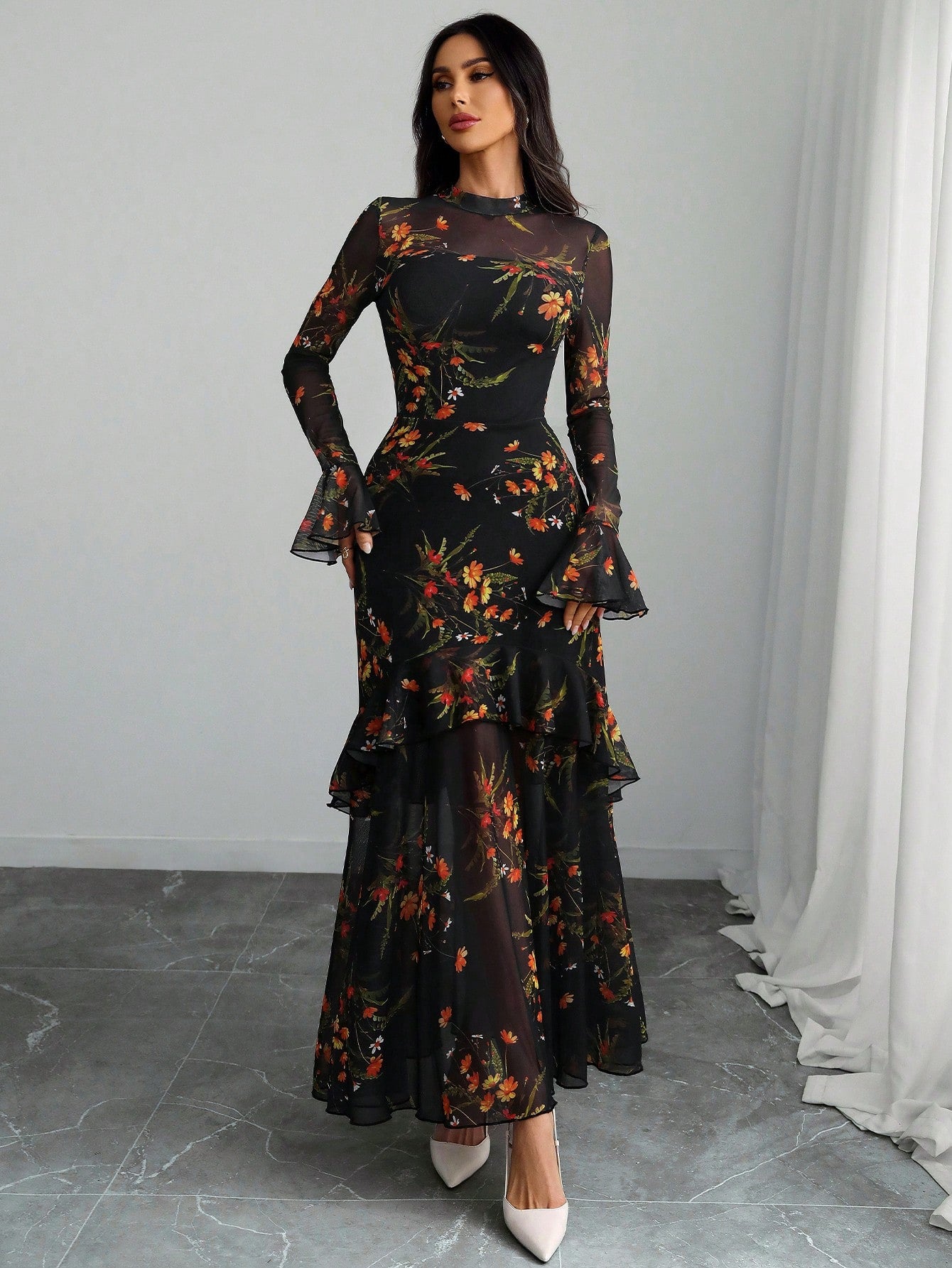 Women's Gothic Elegant Sexy Mesh Splicing Colorful Print Retro Petal Sleeves Ruffle Mermaid Hem Double Layer Dress