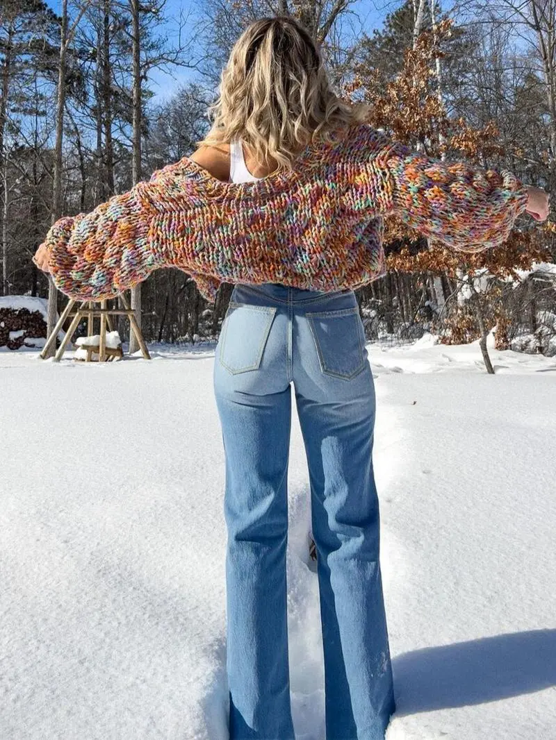 Women's Elastic Washed Casual Light Blue Wide-Leg Jeans