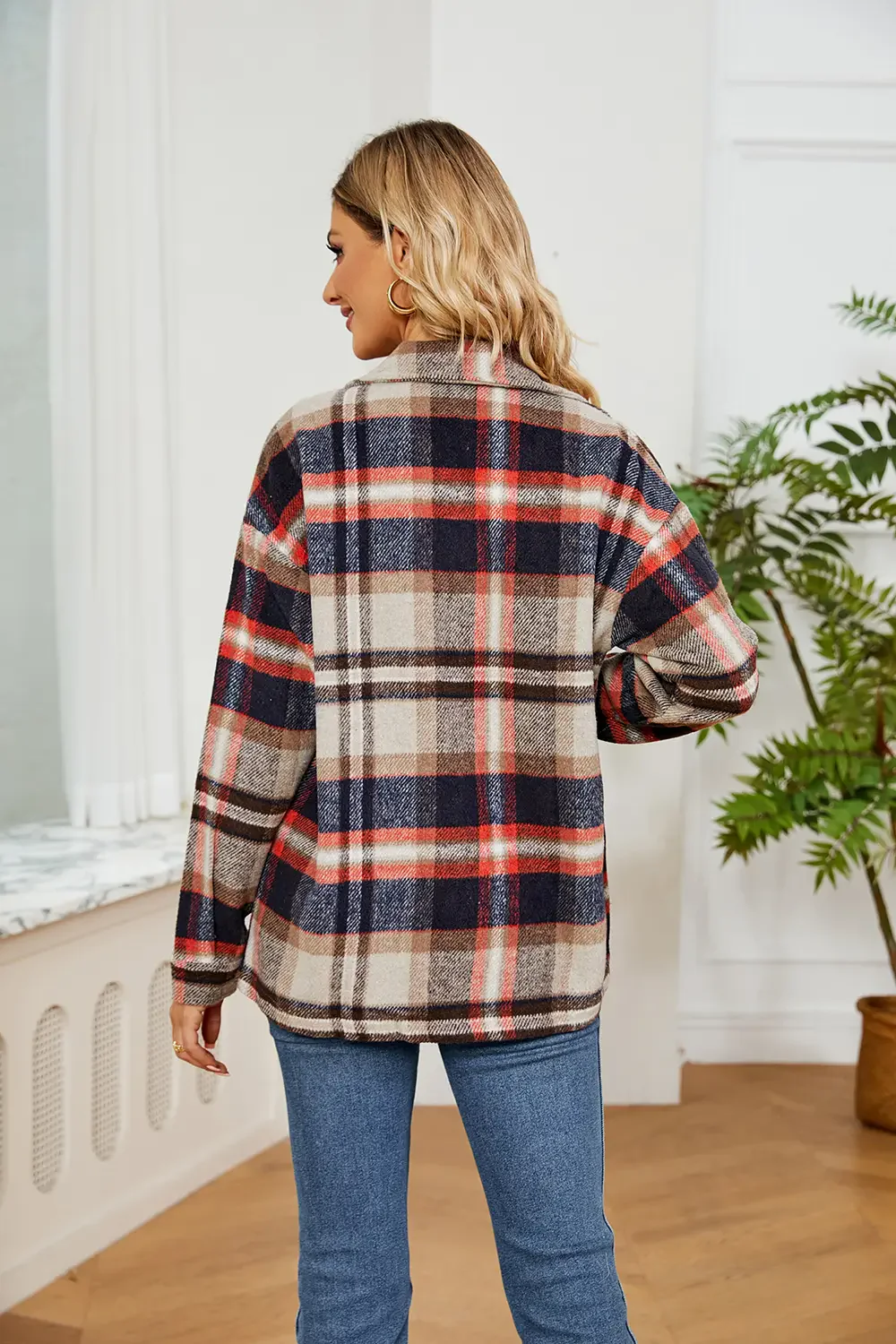 Plaid Pocketed Button Down Shacket Multiple Colors