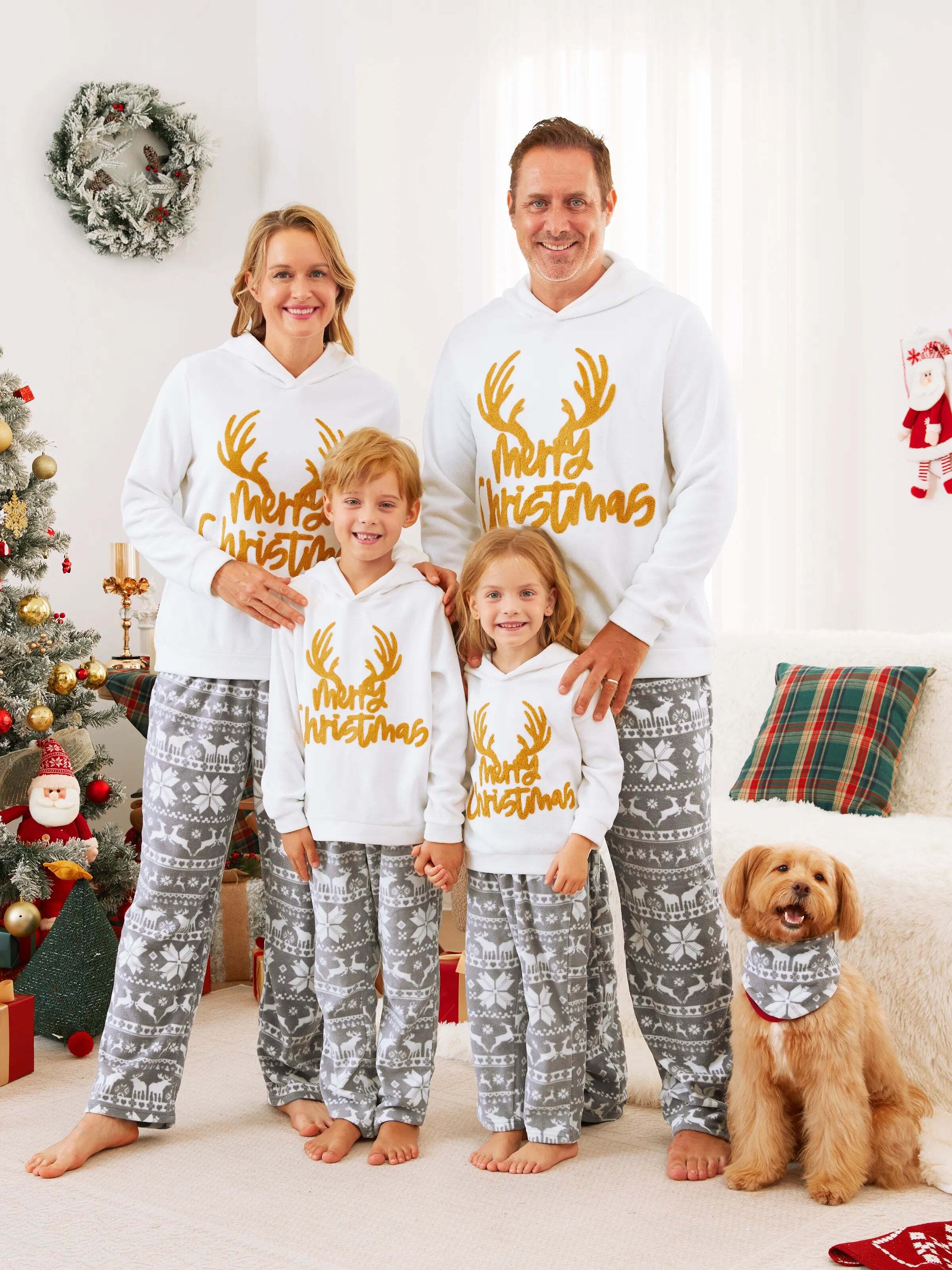 Christmas Family Matching Letters Embroidered Long-sleeve Hooded Fleece Pajamas Sets with Christmas Socks White