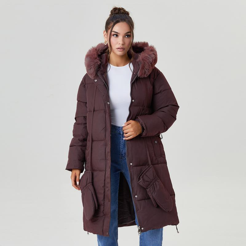 Women's Classy Solid Color Fluffy Hooded Waist Tie Zipper Thermal Long Outerwear with Gloves