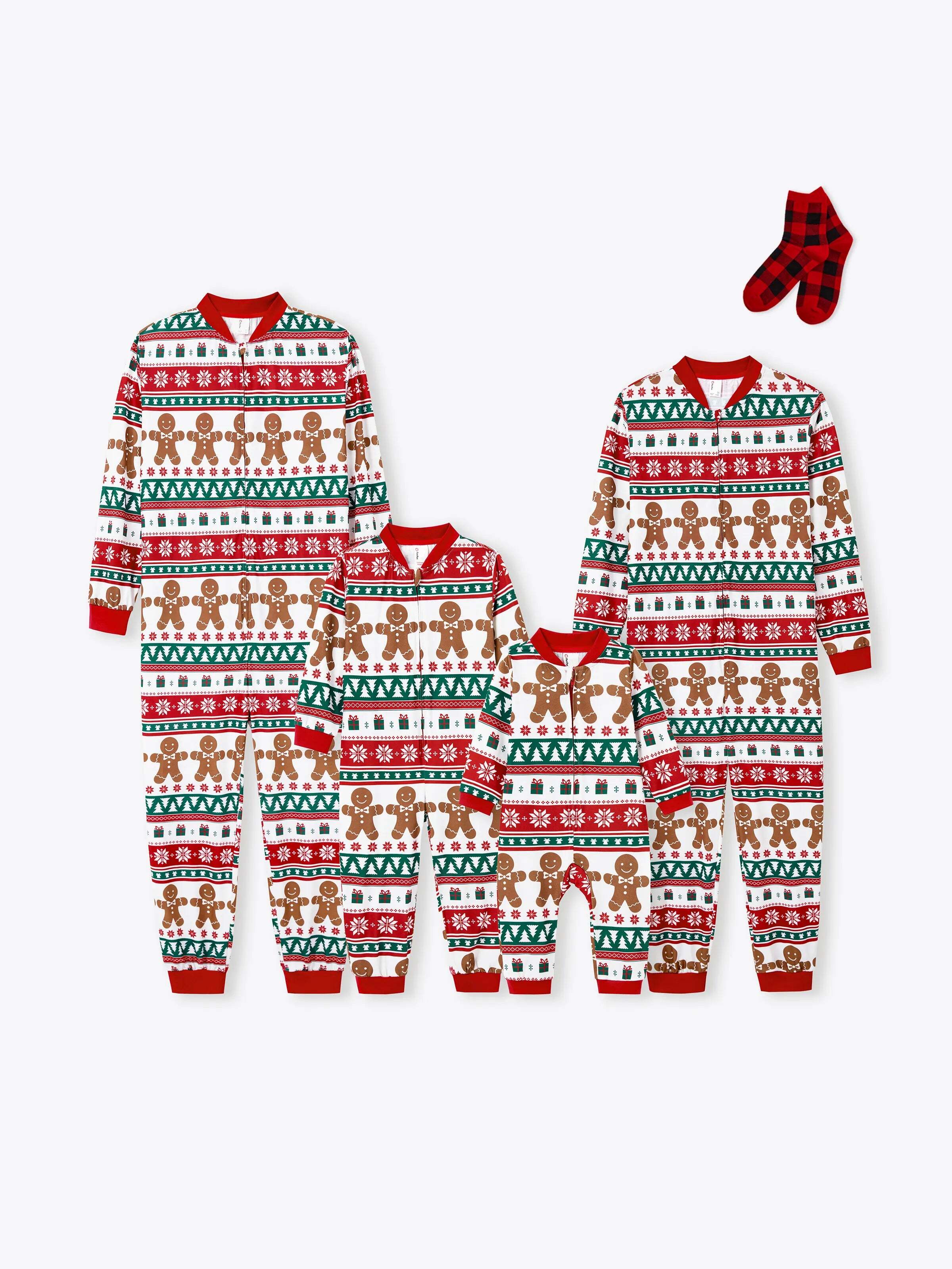Christmas Matching Family Pajamas Set Gingerbread Christmas-theme Plaid Print PJS with Christmas Socks Red