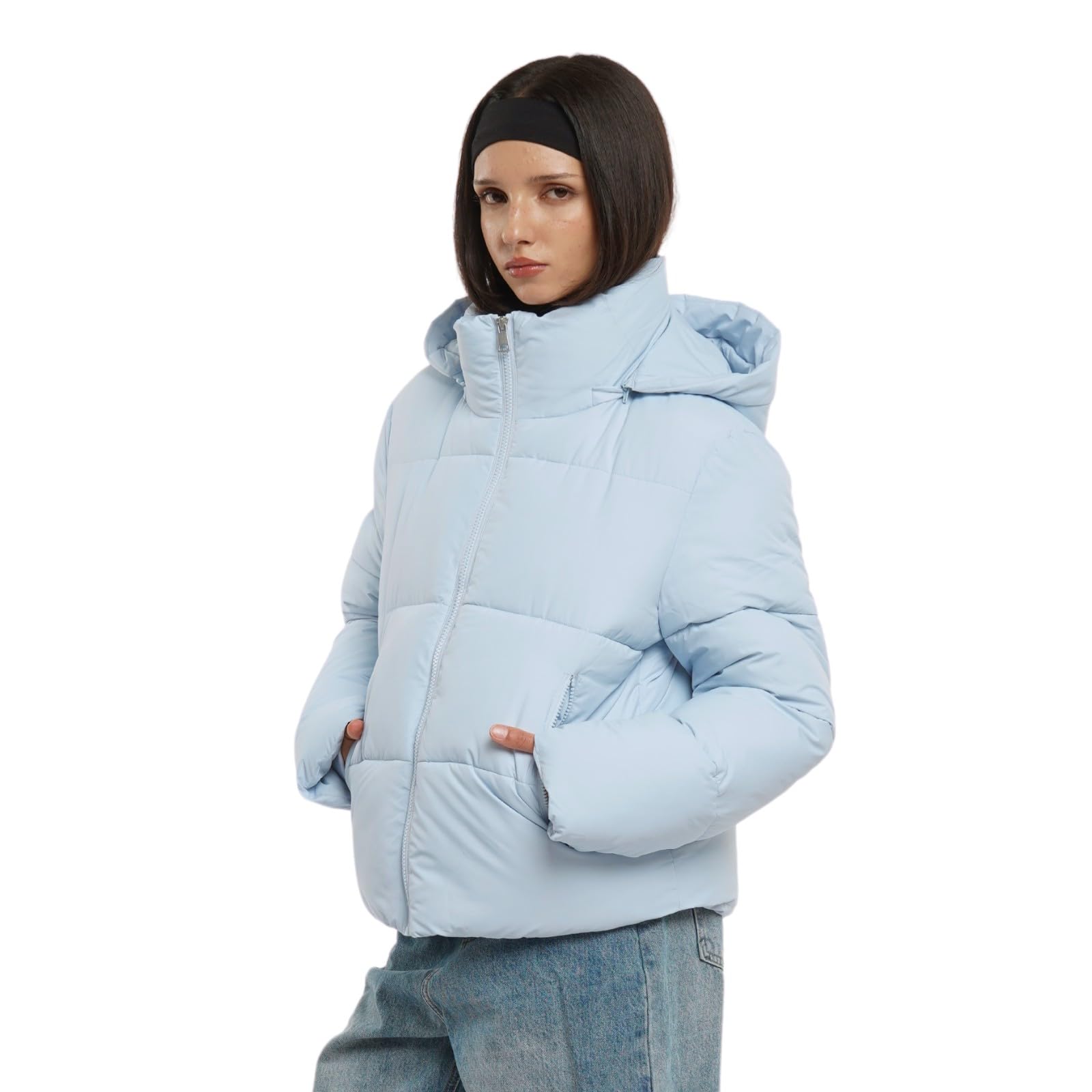 WarmCore Premium Short Puffer Jackets with Removable Hood & Optional Faux Fur Linging, Lady Casual Outerwear Longsleeves Zip Pockets Warm Quilted Coat