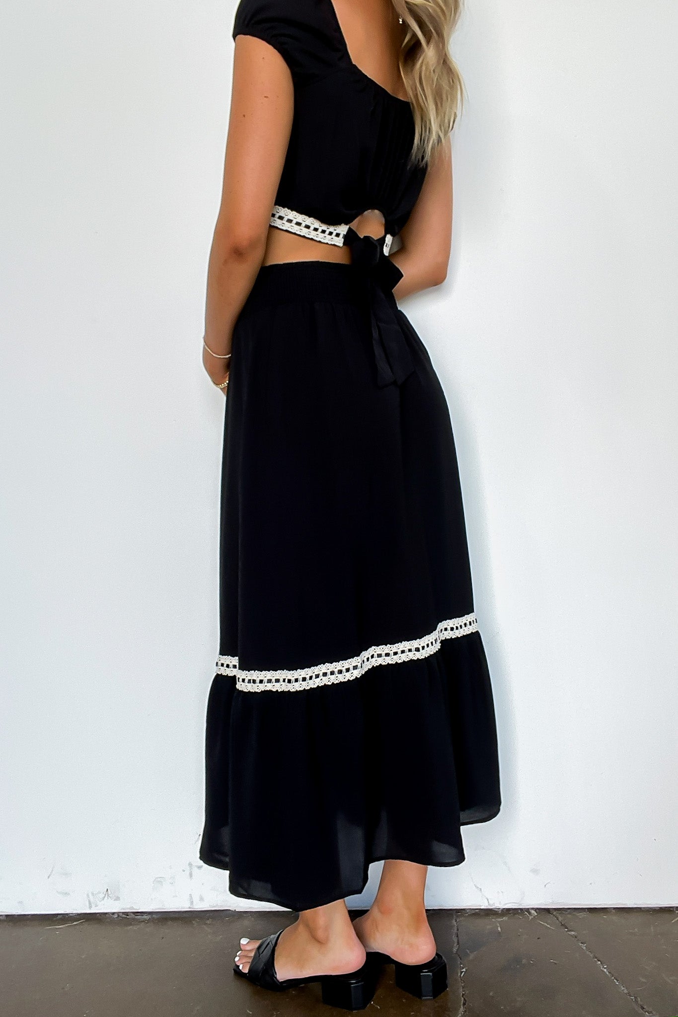 Midnight Lace Contrast Trim Smocked Waist Midi Skirt and Top Set
