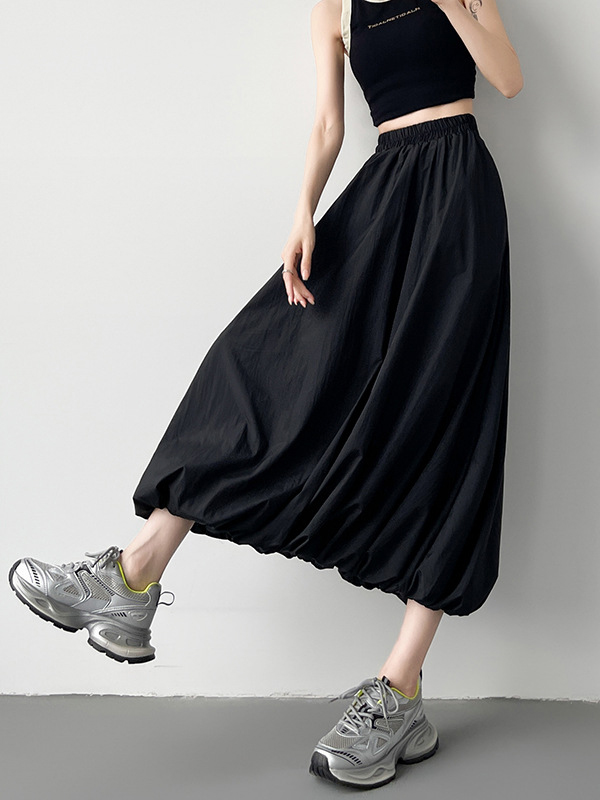 Elasticity Pleated Pockets Solid Color A-Line Loose Skirts Bottoms