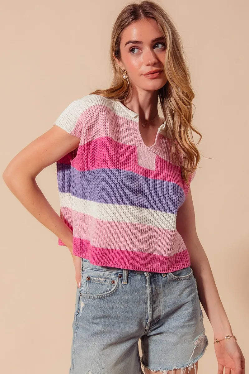 Multi Color Stripe Loose Fit Cap Sleeve Sweater Top