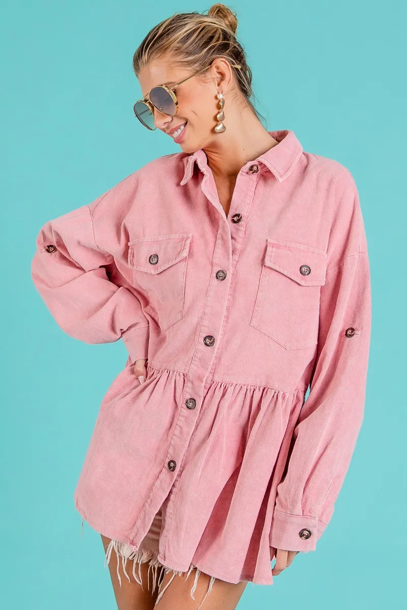 Corduroy Ruffle Peplum Button Up Shirt