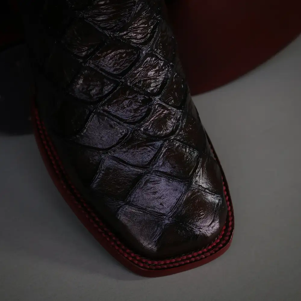 Wine Pirarucu Leather Boots — Square Toe