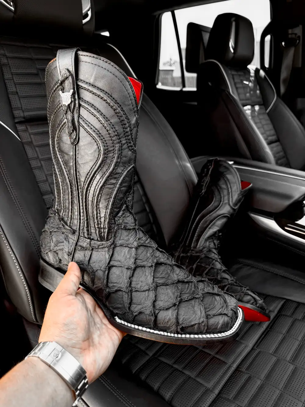 Matte Black Jumbo Pirarucu Leather Boots - Square Toe