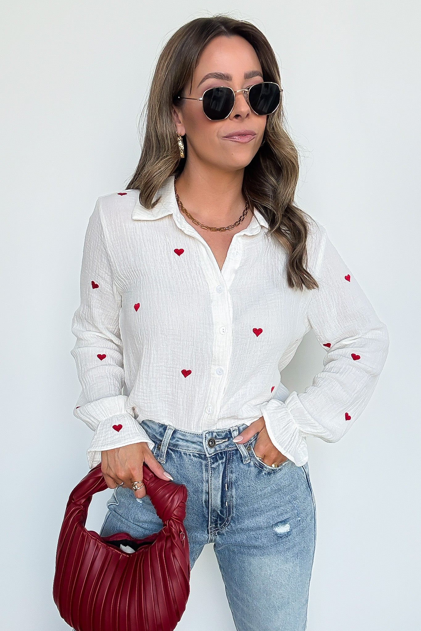 Heart Embroidered Button Down