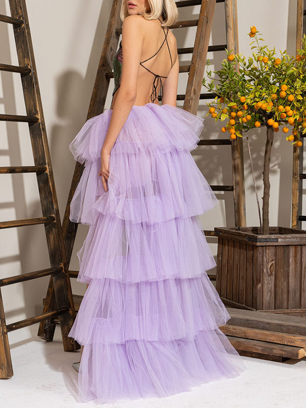 Solid Color Ruffled Pleated A-Line Asymmetric Skirt Bottoms