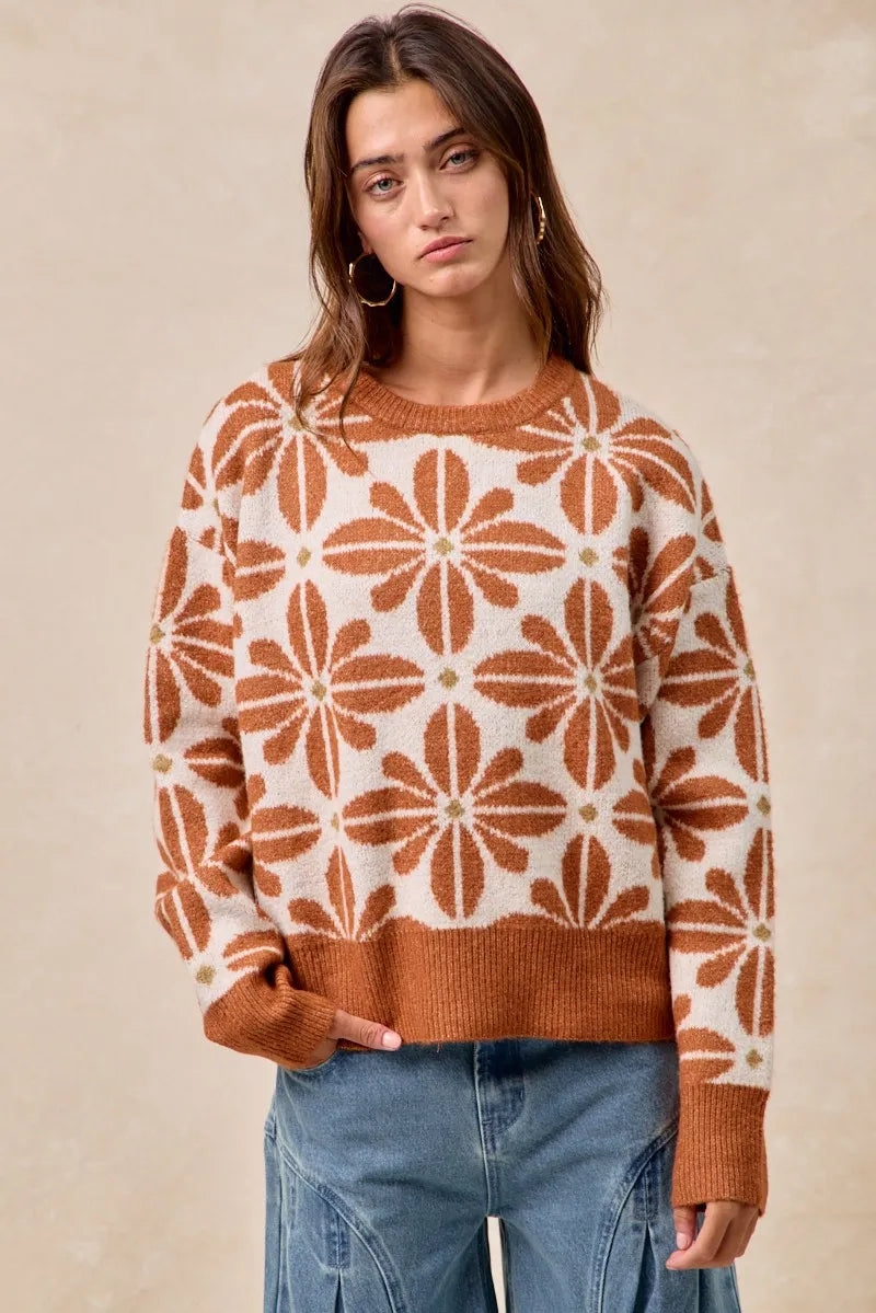 Flower Pattern Long Sleeve Sweater