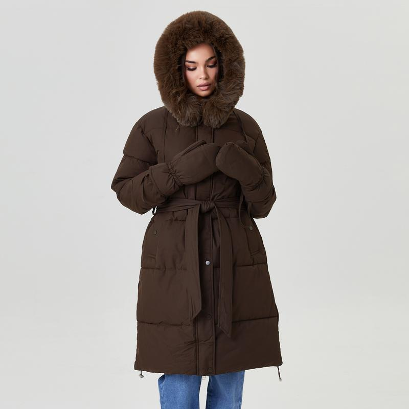 Women's Classy Solid Color Fluffy Hooded Waist Tie Zipper Thermal Long Outerwear with Gloves