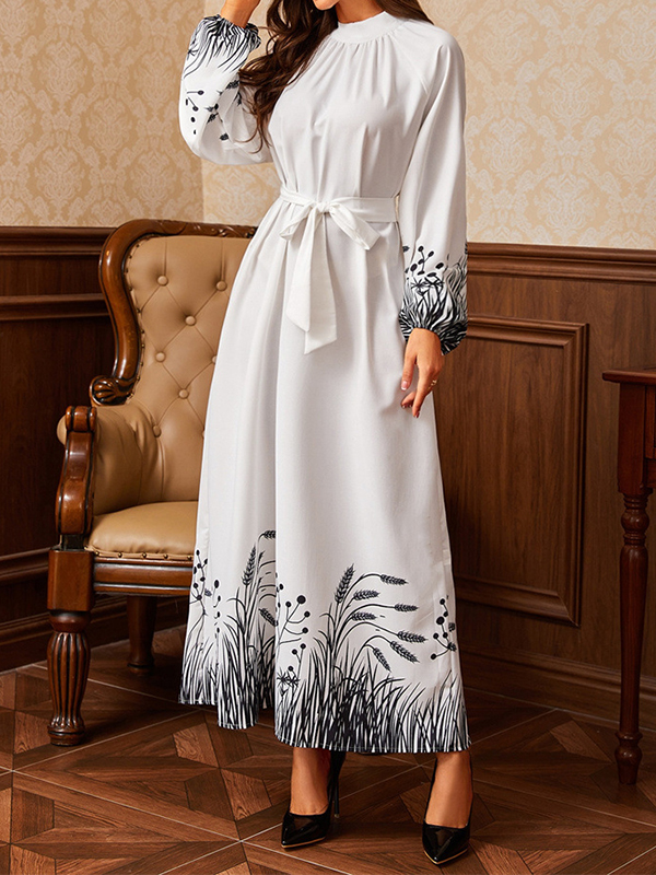 Hollow Pleated Printed Tied Waist Bishop Sleeve Long Sleeves Mock Neck Maxi Dresses