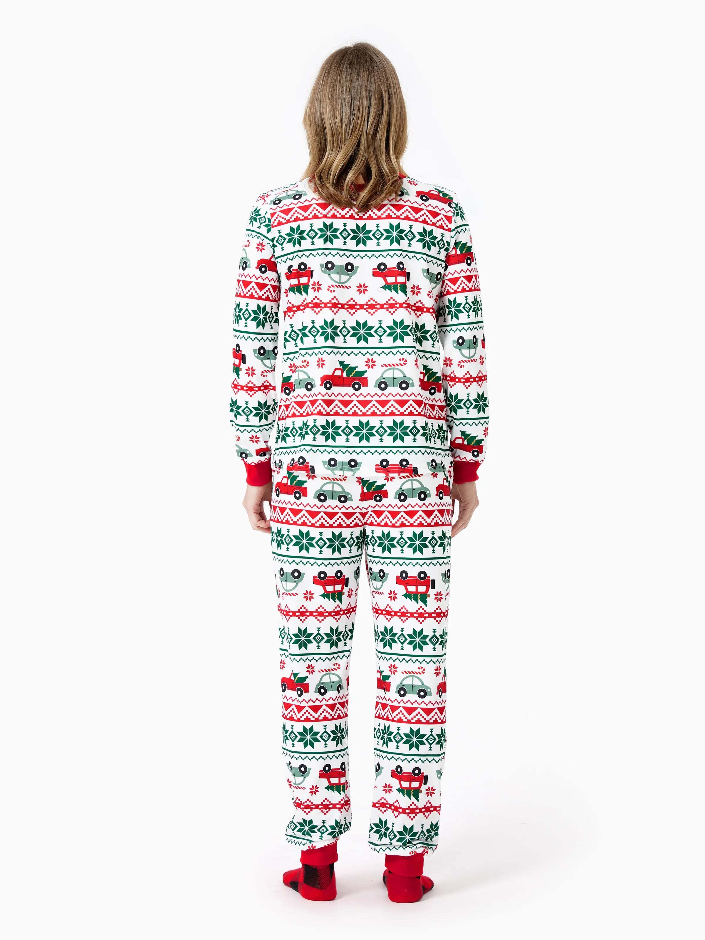 Christmas Matching Family Pajamas Set Snowflake and Car Print PJS with Christmas Socks Red