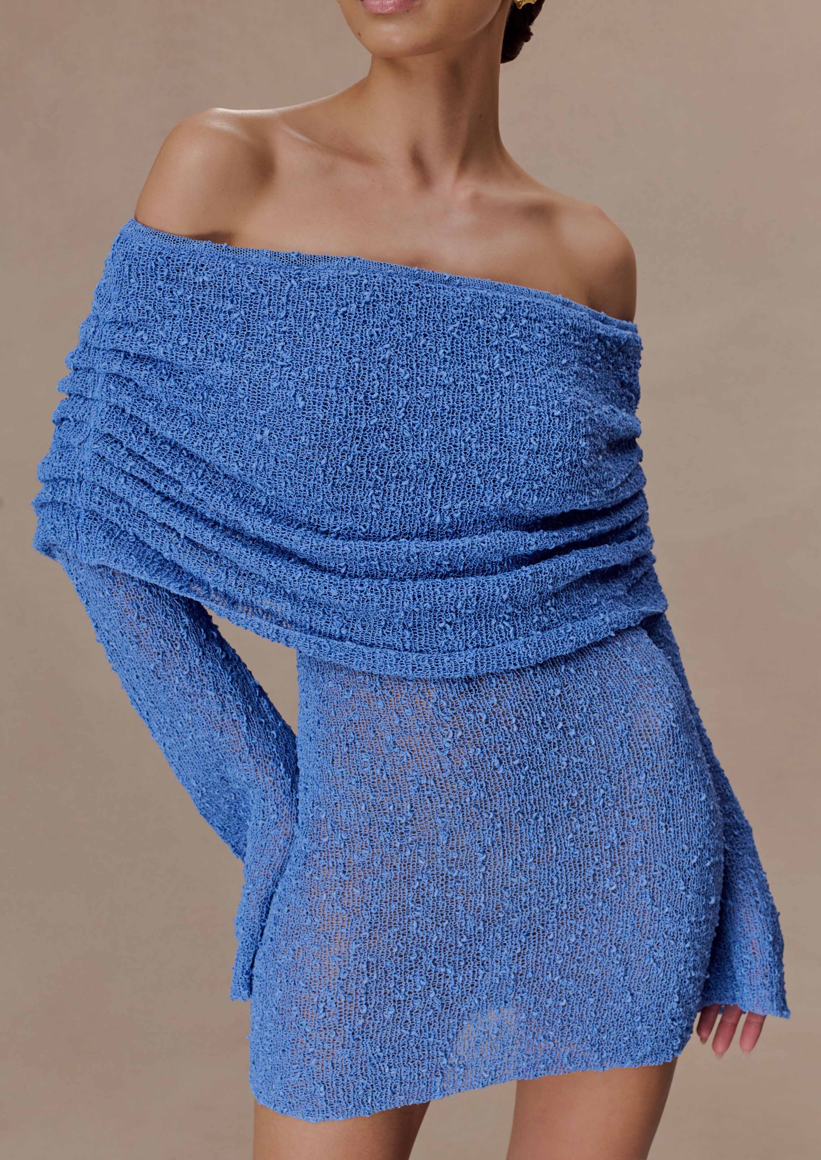 Periwinkle Off Shoulder Boucle Mini Dress