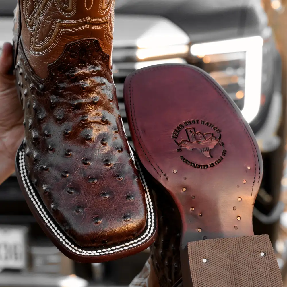 Chocolate Brown Ostrich Leather Boots - Square Toe