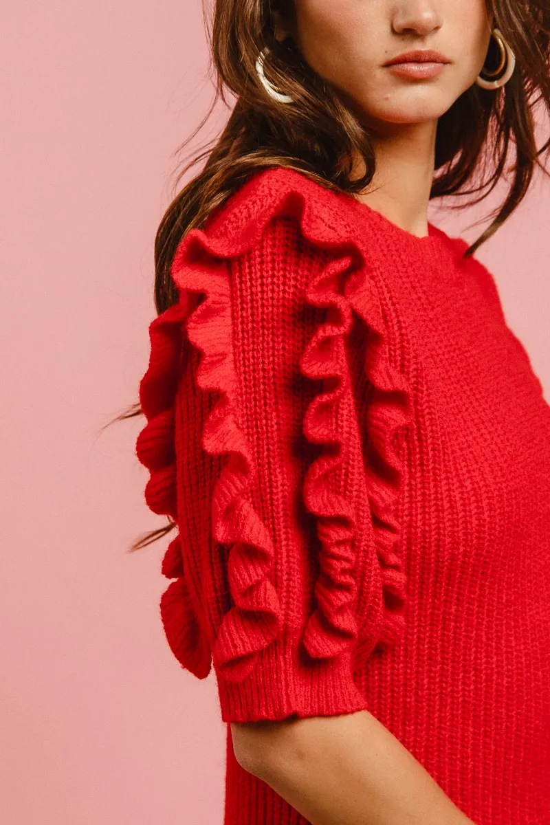 Solid Knit Ruffled Sleeves Top