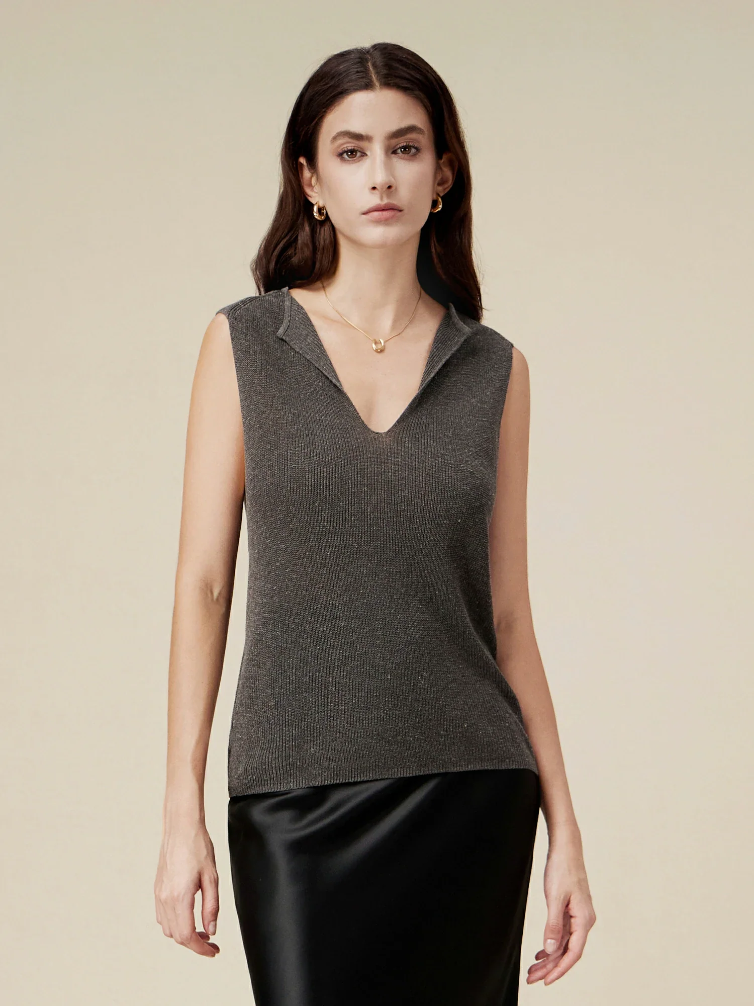 Linen & Lyocell Sleeveless Lapel Casual Tank