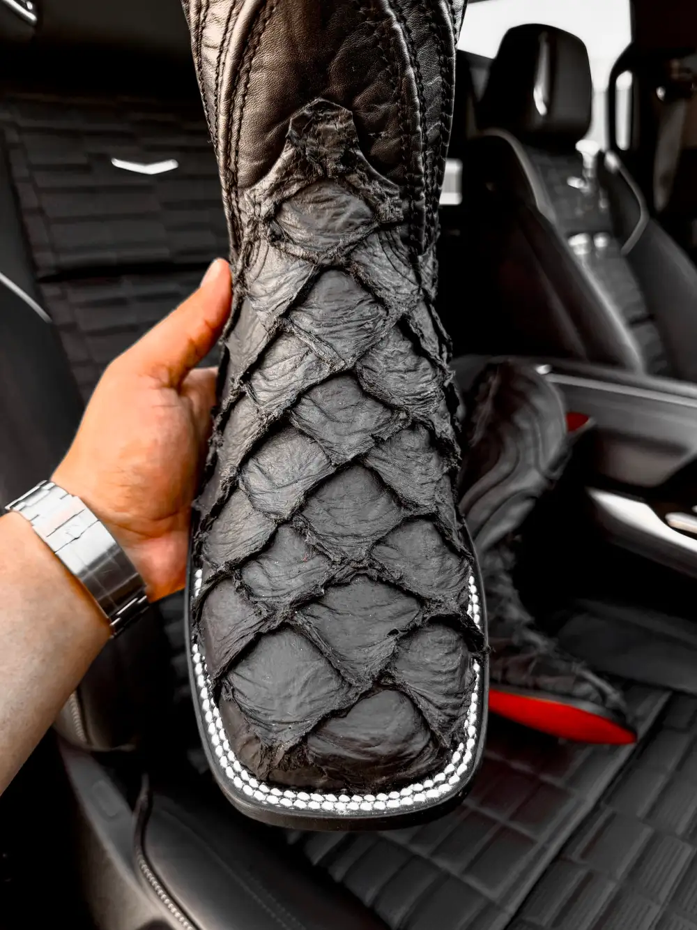 Matte Black Jumbo Pirarucu Leather Boots - Square Toe