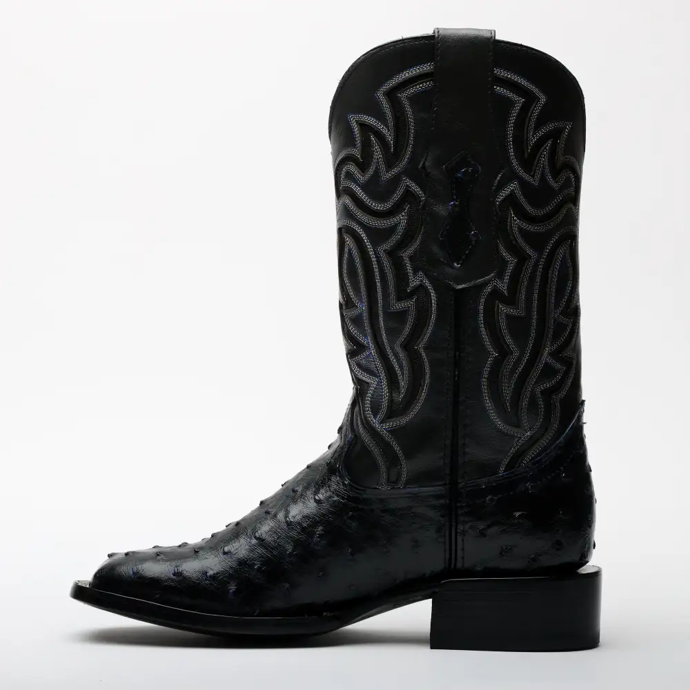 Black/Blue Ostrich Leather Boots - Square Toe