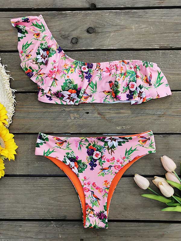 One-Shoulder Falbala Floral Print Padded Bralette High-Waisted Bikini Swimwear