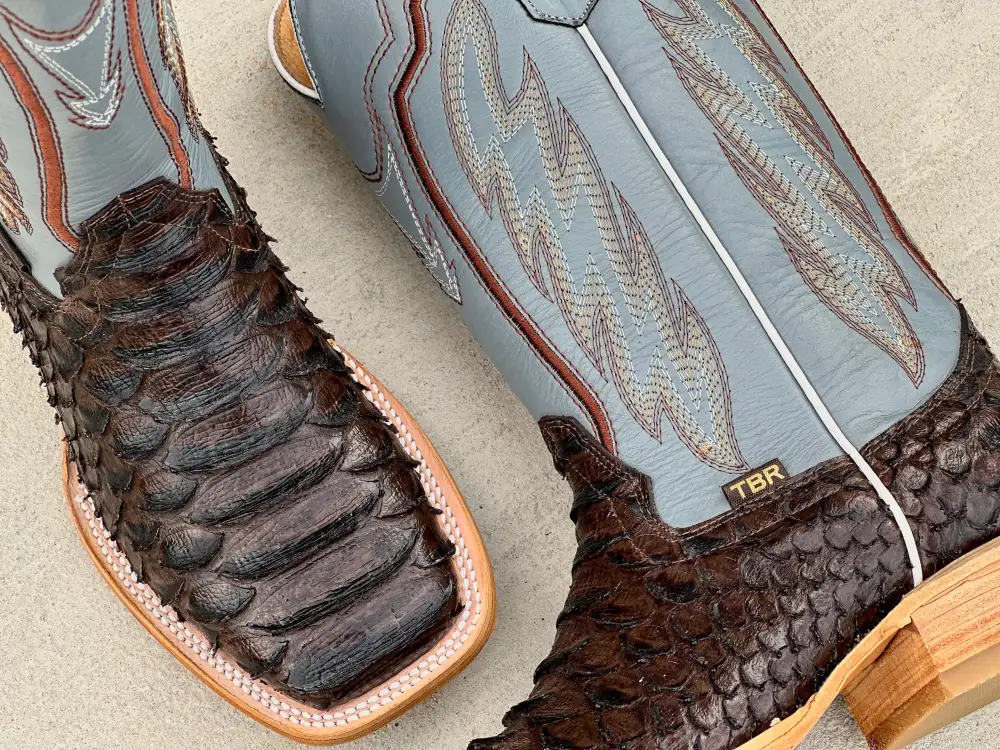 Mens Brown Python Leather Boots With Gray Shaft