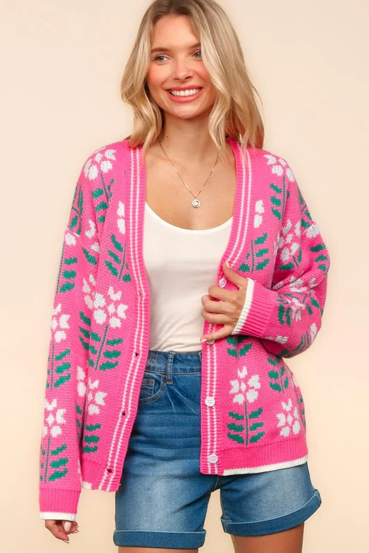 Fancy  Floral Jacquard V-Neck Button Up Cardigan