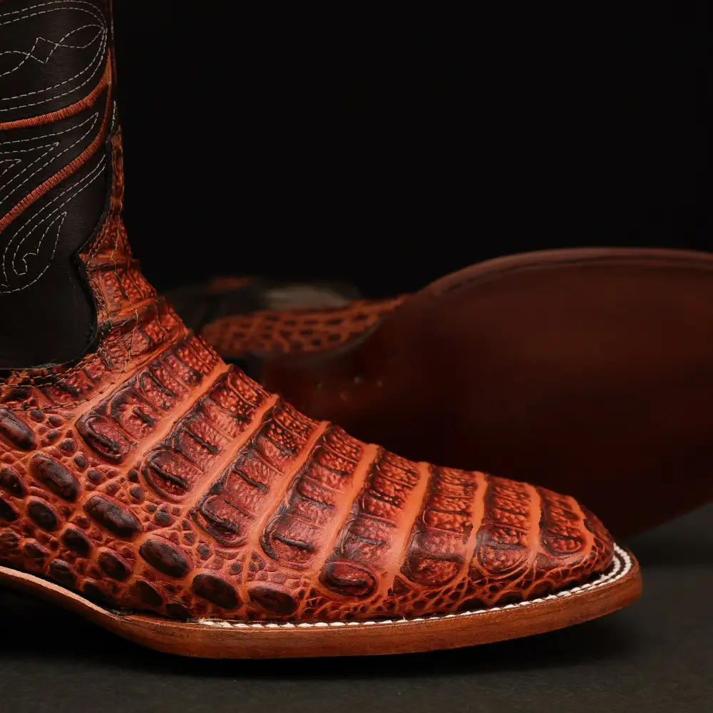 Cognac Caiman Back Leather Boots - Square Toe