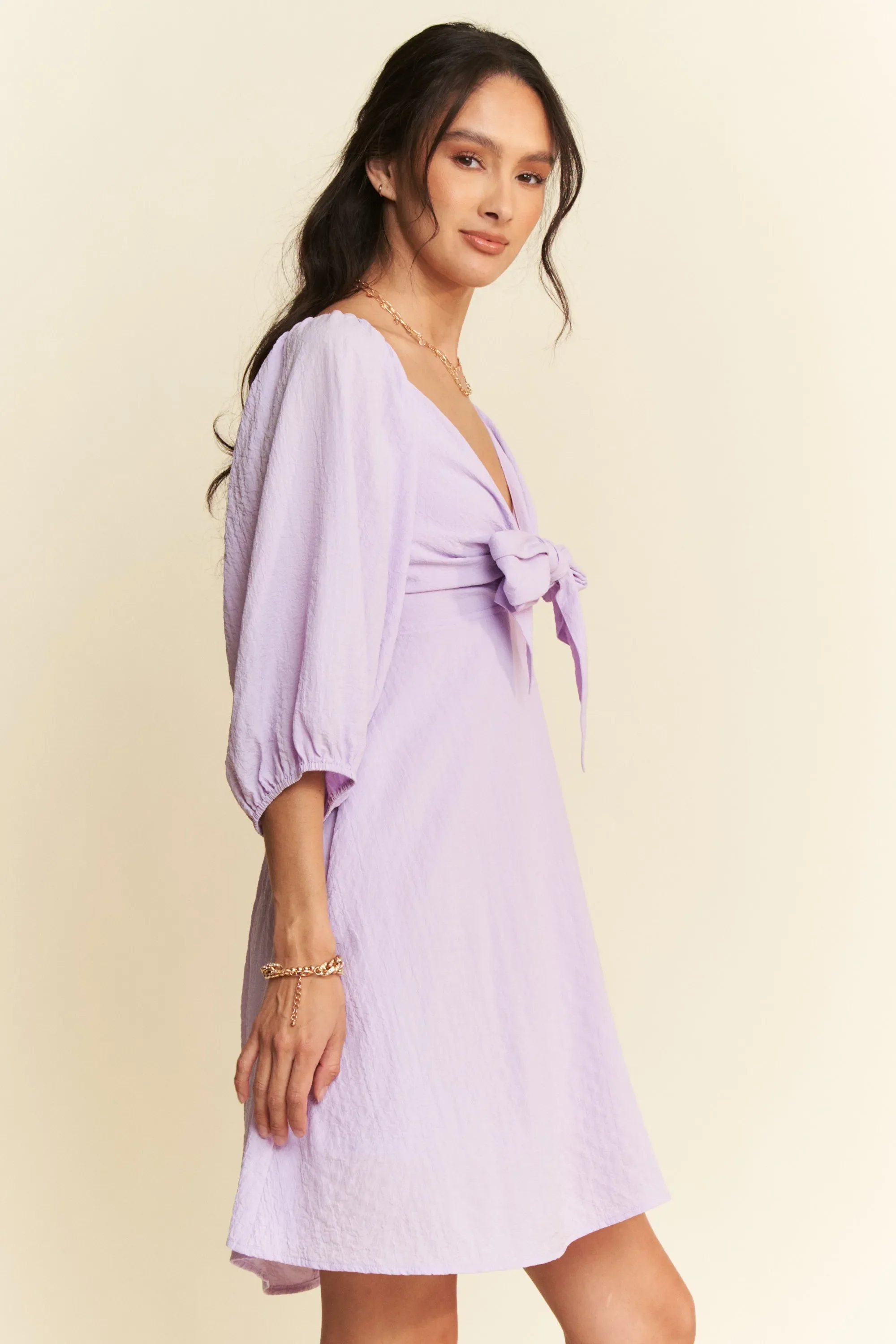 Self-Tie Puff Sleeve Smocking Open Back Mini Dress