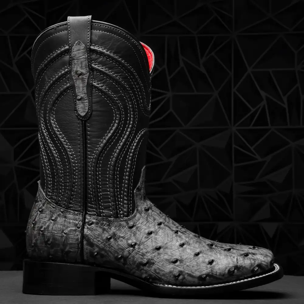 Grey Ostrich Leather Boots - Square Toe