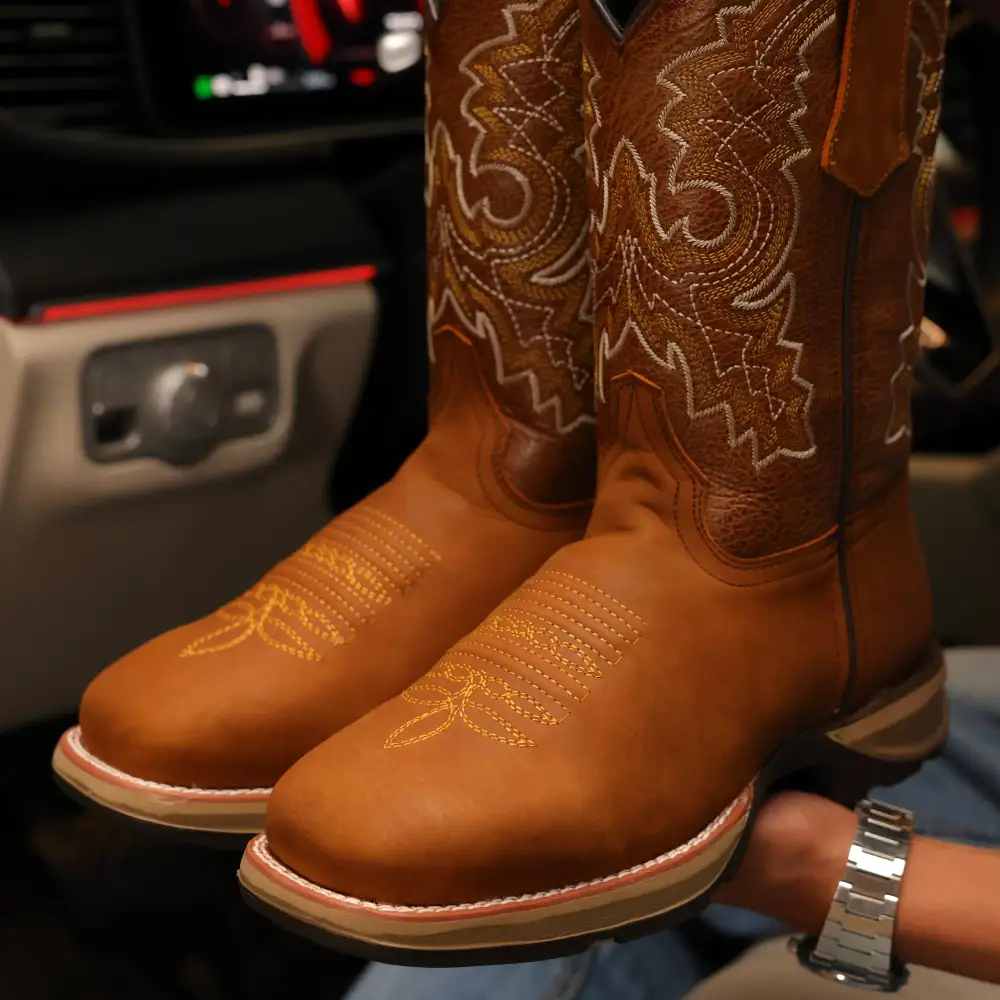 Light Honey Leather Work Boots - Square Toe