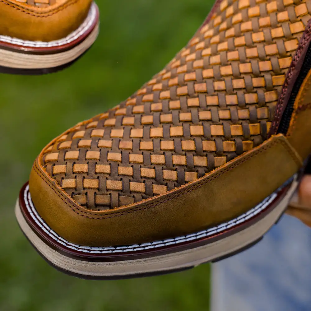 Dusty Honey Basketweave Leather Botin With 3D Lightweight Soles - Square Toe