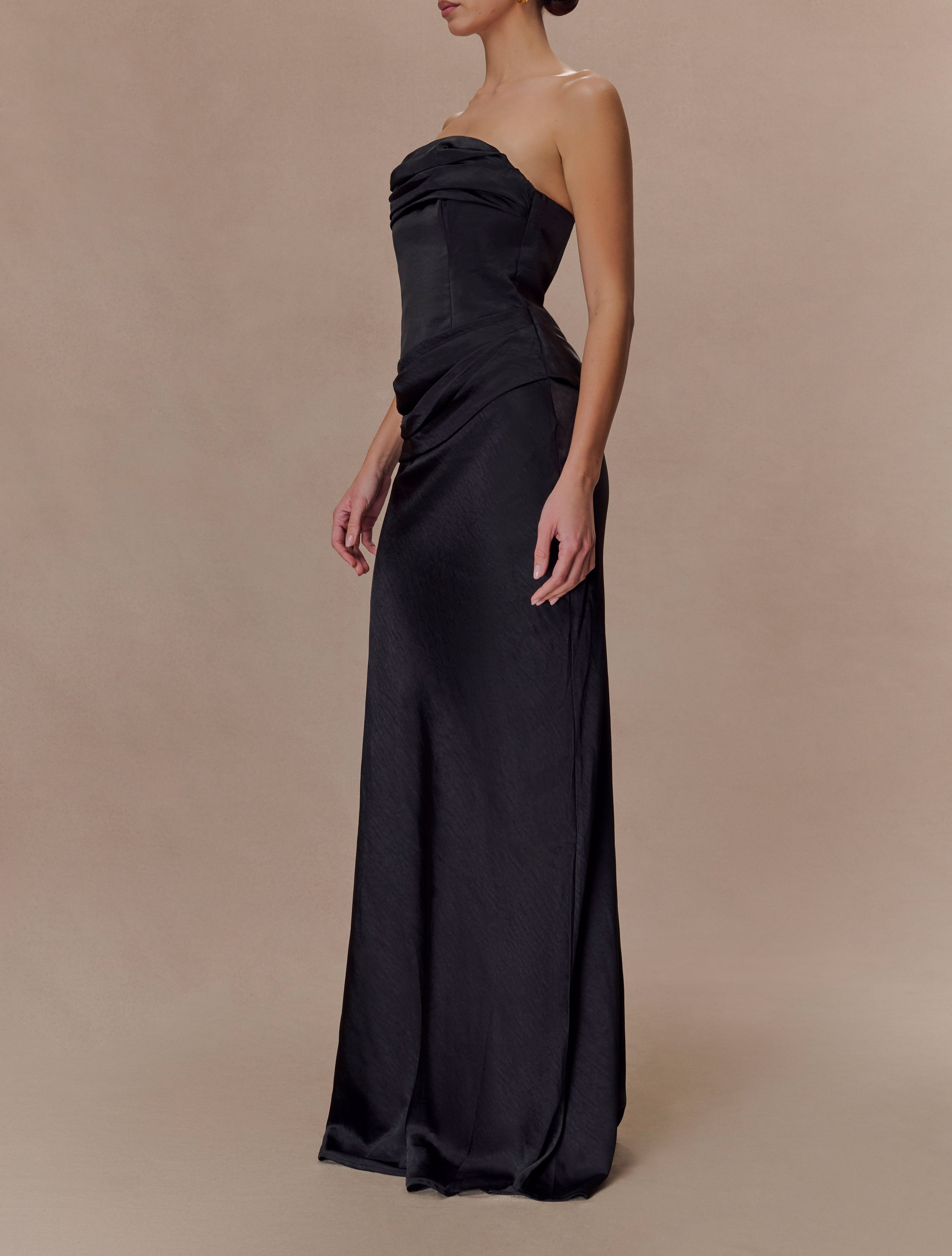 Black Strapless Satin Maxi Dress