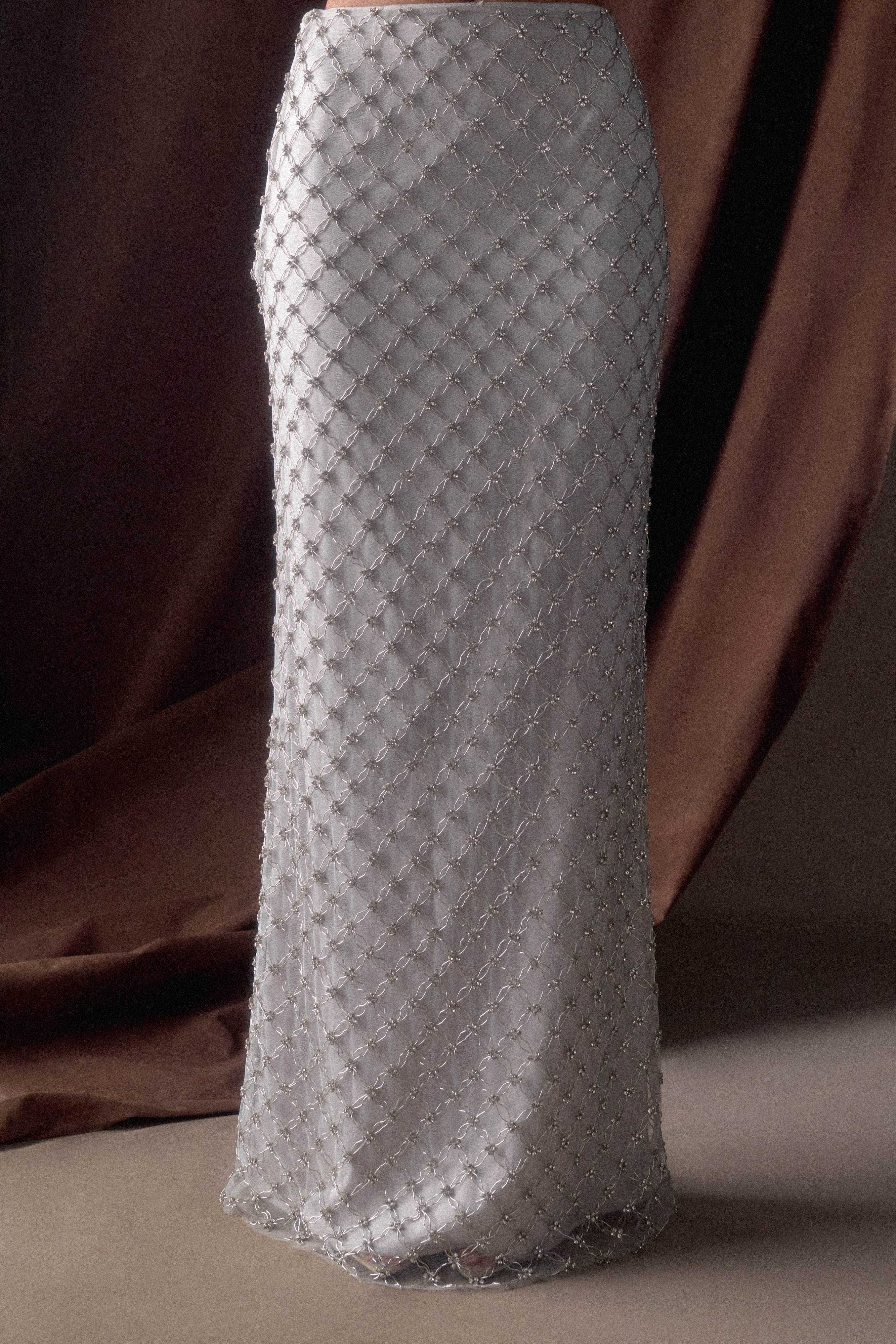 Silver Hand Beaded Embellished Maxi Skirt