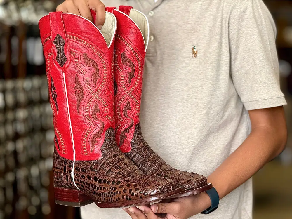 Men’s Brown Crocodile Leather Boots With Red Shaft