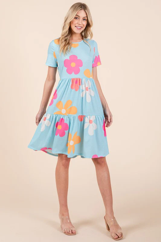 Floral Round Neck Short Sleeve Tiered Dress