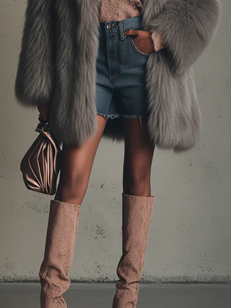 Gray Faux Fox Fur Eco Friendly Long Sleeve Jacket