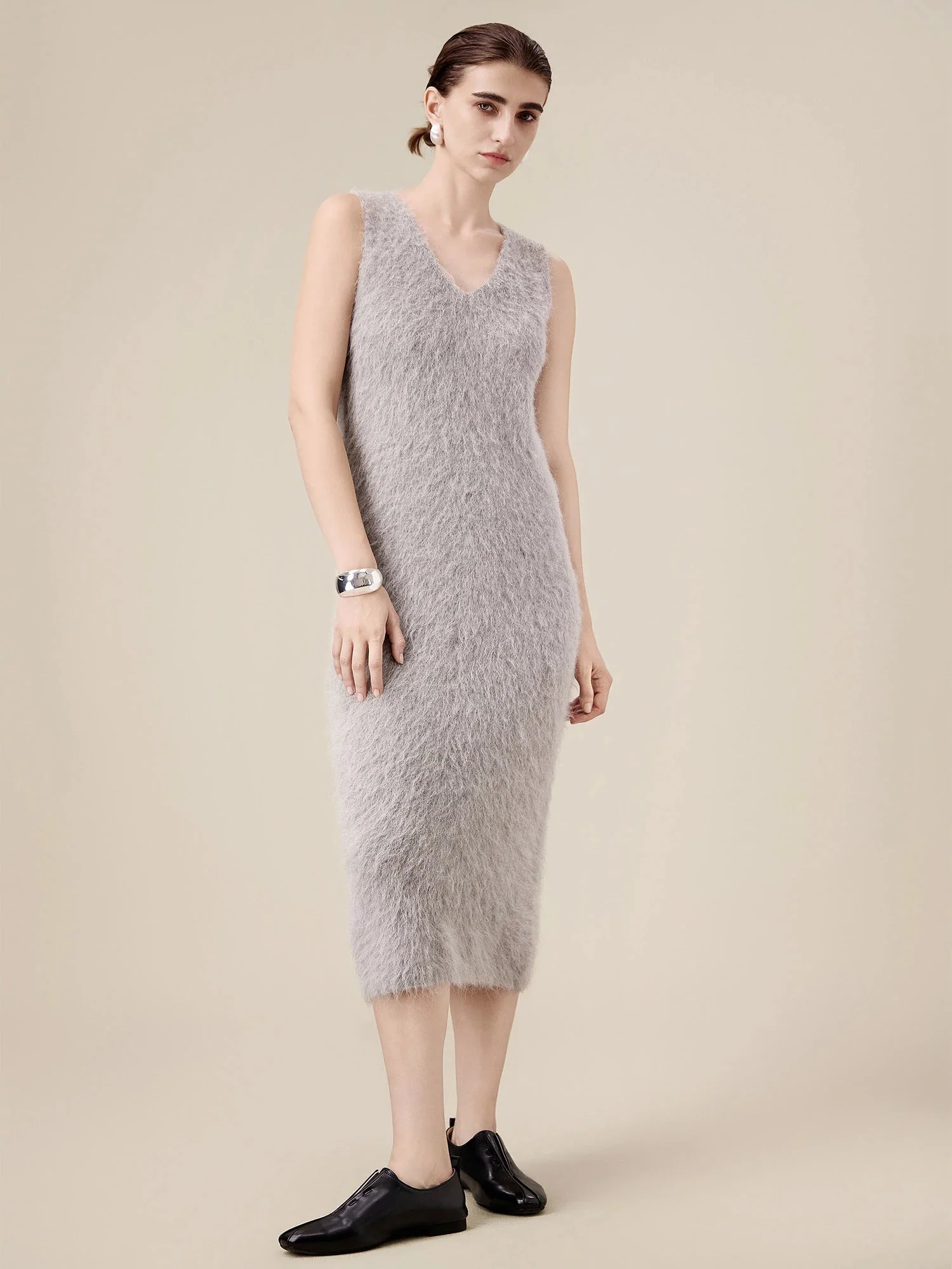 Alpaca V-Neck Sleeveless Plush Knit Vest Dress